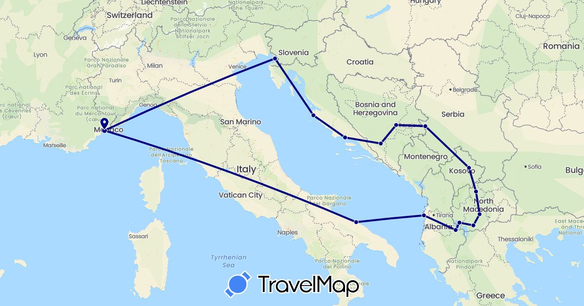 TravelMap itinerary: driving in Albania, Bosnia and Herzegovina, France, Croatia, Italy, Macedonia, Serbia, Kosovo (Europe)